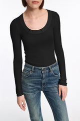 Dorothee Schumacher Virgin Wool Knit Pullover with Deep Scoop Neck in Black Vancouver. Shop Online or in Store.