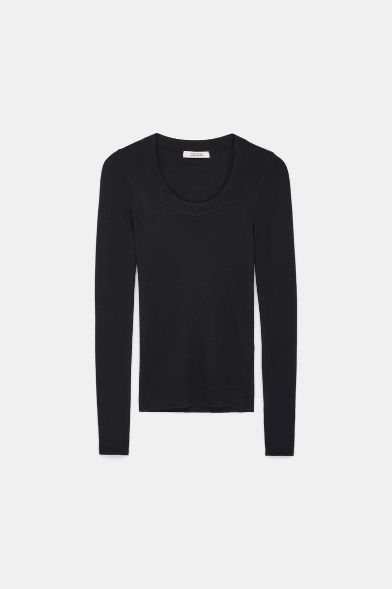 Dorothee Schumacher Virgin Wool Knit Pullover with Deep Scoop Neck in Black Vancouver. Shop Online or in Store.