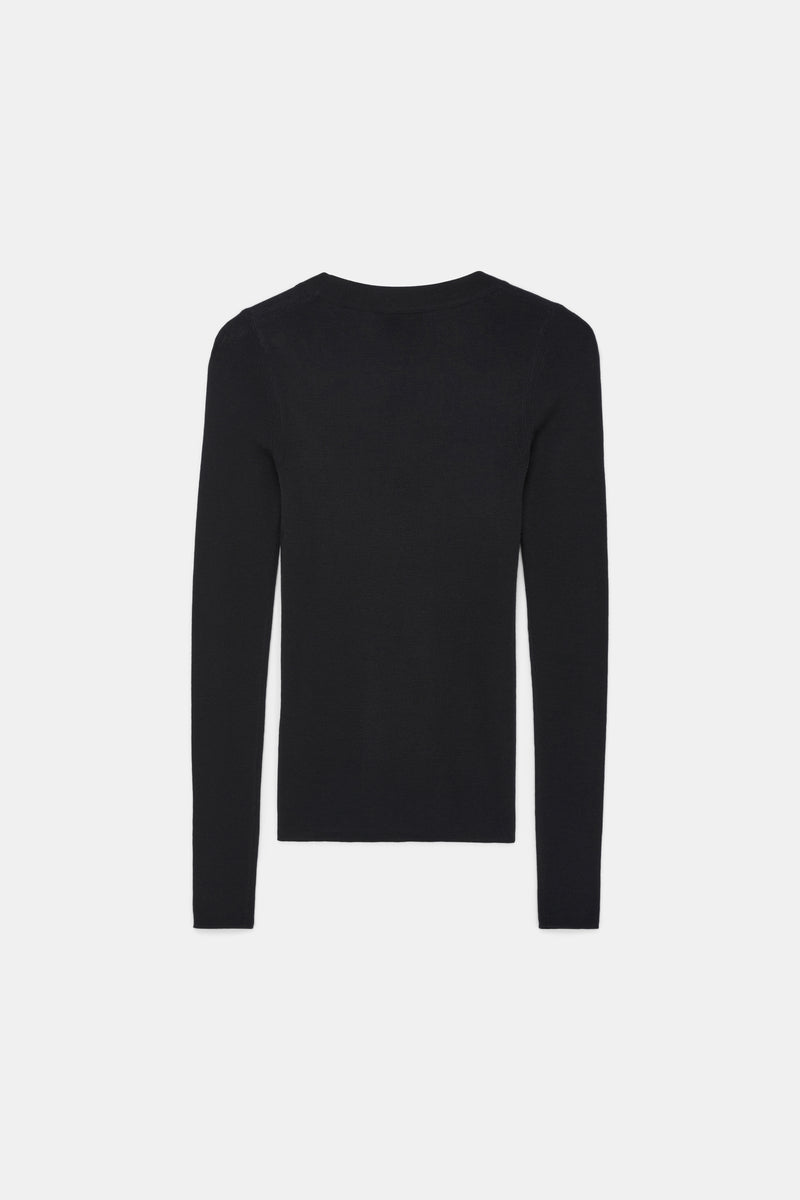 Dorothee Schumacher Virgin Wool Knit Pullover with Deep Scoop Neck in Black Vancouver. Shop Online or in Store.