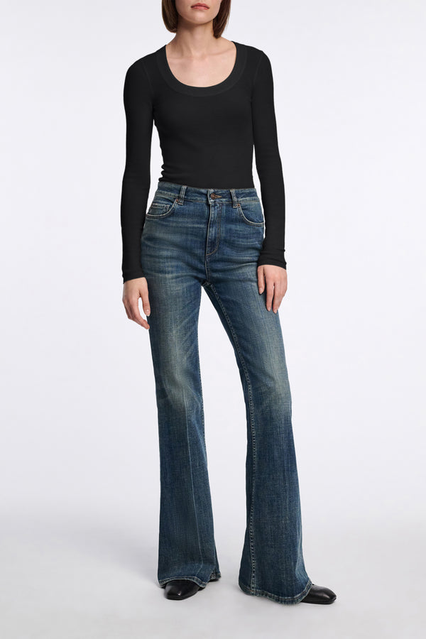 Dorothee Schumacher Virgin Wool Knit Pullover with Deep Scoop Neck in Black Vancouver. Shop Online or in Store.