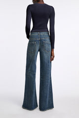 Dorothee Schumacher Virgin Wool Knit Pullover with Deep Scoop Neck in Navy Vancouver. Shop Online or in Store.