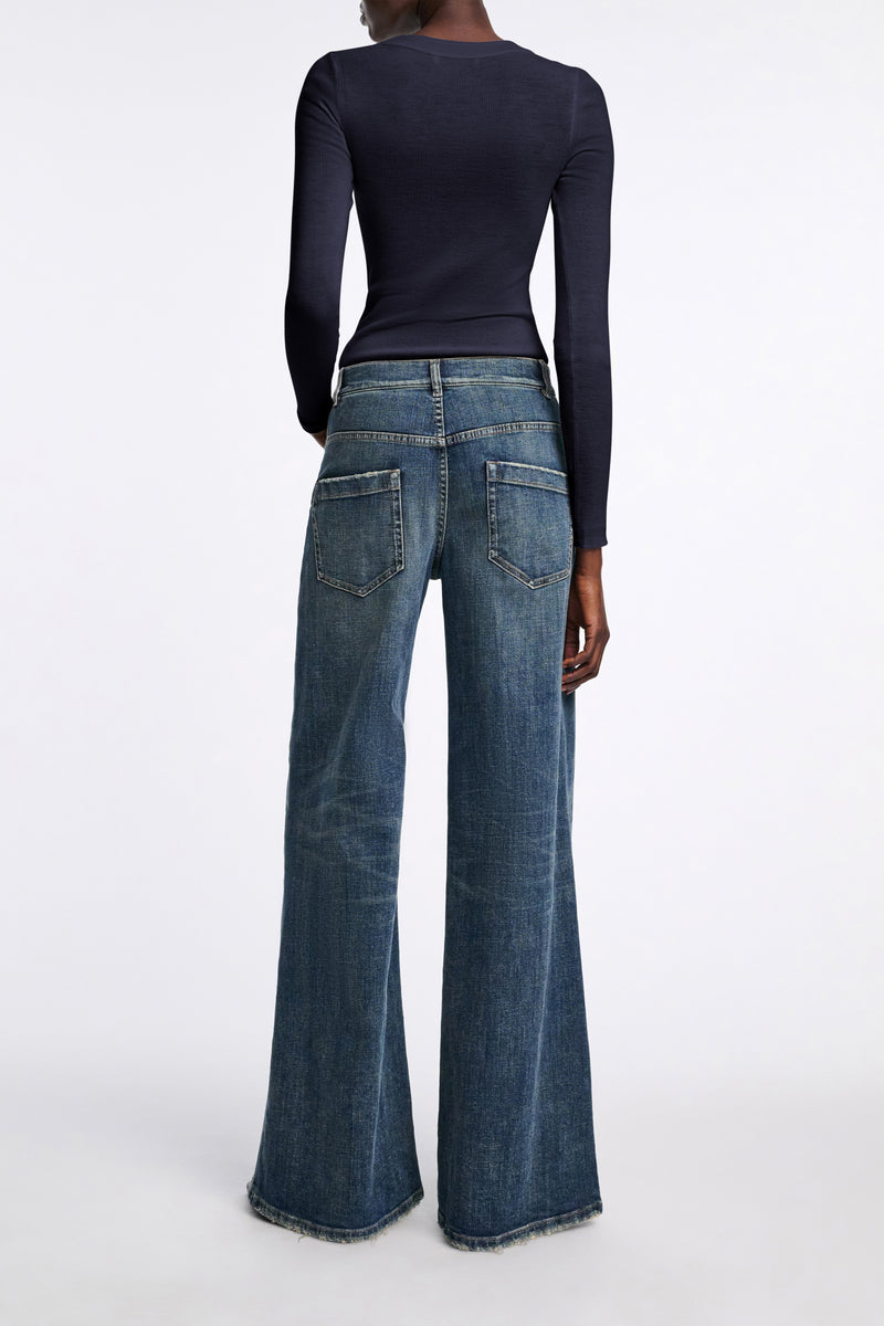 Dorothee Schumacher Virgin Wool Knit Pullover with Deep Scoop Neck in Navy Vancouver. Shop Online or in Store.
