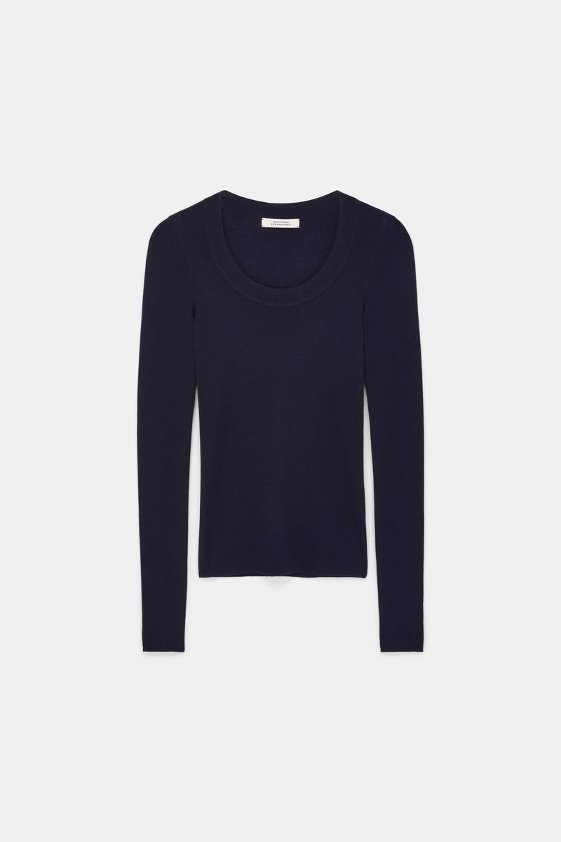 Dorothee Schumacher Virgin Wool Knit Pullover with Deep Scoop Neck in Navy Vancouver. Shop Online or in Store.