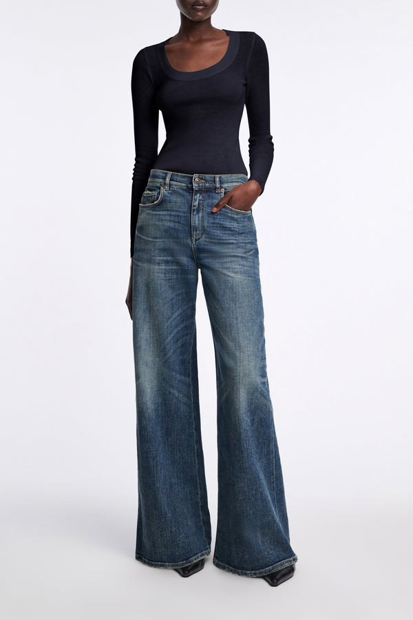 Dorothee Schumacher Virgin Wool Knit Pullover with Deep Scoop Neck in Navy Vancouver. Shop Online or in Store.