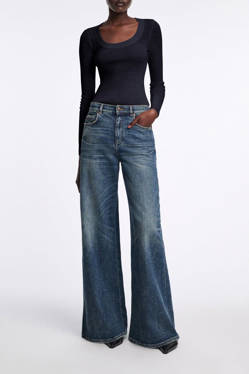 Dorothee Schumacher Virgin Wool Knit Pullover with Deep Scoop Neck in Navy Vancouver. Shop Online or in Store.
