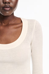 Dorothee Schumacher Virgin Wool Knit Pullover with Deep Scoop Neck in White Vancouver. Shop Online or in Store.