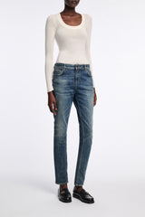 Dorothee Schumacher Virgin Wool Knit Pullover with Deep Scoop Neck in White Vancouver. Shop Online or in Store.