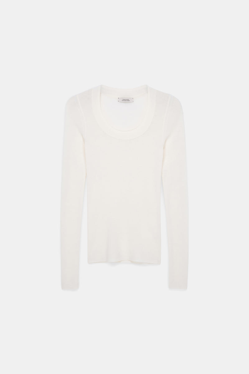 Dorothee Schumacher Virgin Wool Knit Pullover with Deep Scoop Neck in White Vancouver. Shop Online or in Store.