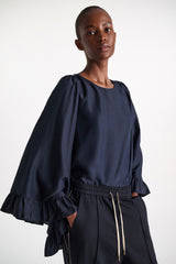 Dorothee Schumacher Wide Sleeves Blouse in Habotai Silk in Navy Vancouver. Shop Online or in Store.