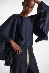 Dorothee Schumacher Wide Sleeves Blouse in Habotai Silk in Navy Vancouver. Shop Online or in Store.
