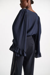 Dorothee Schumacher Wide Sleeves Blouse in Habotai Silk in Navy Vancouver. Shop Online or in Store.