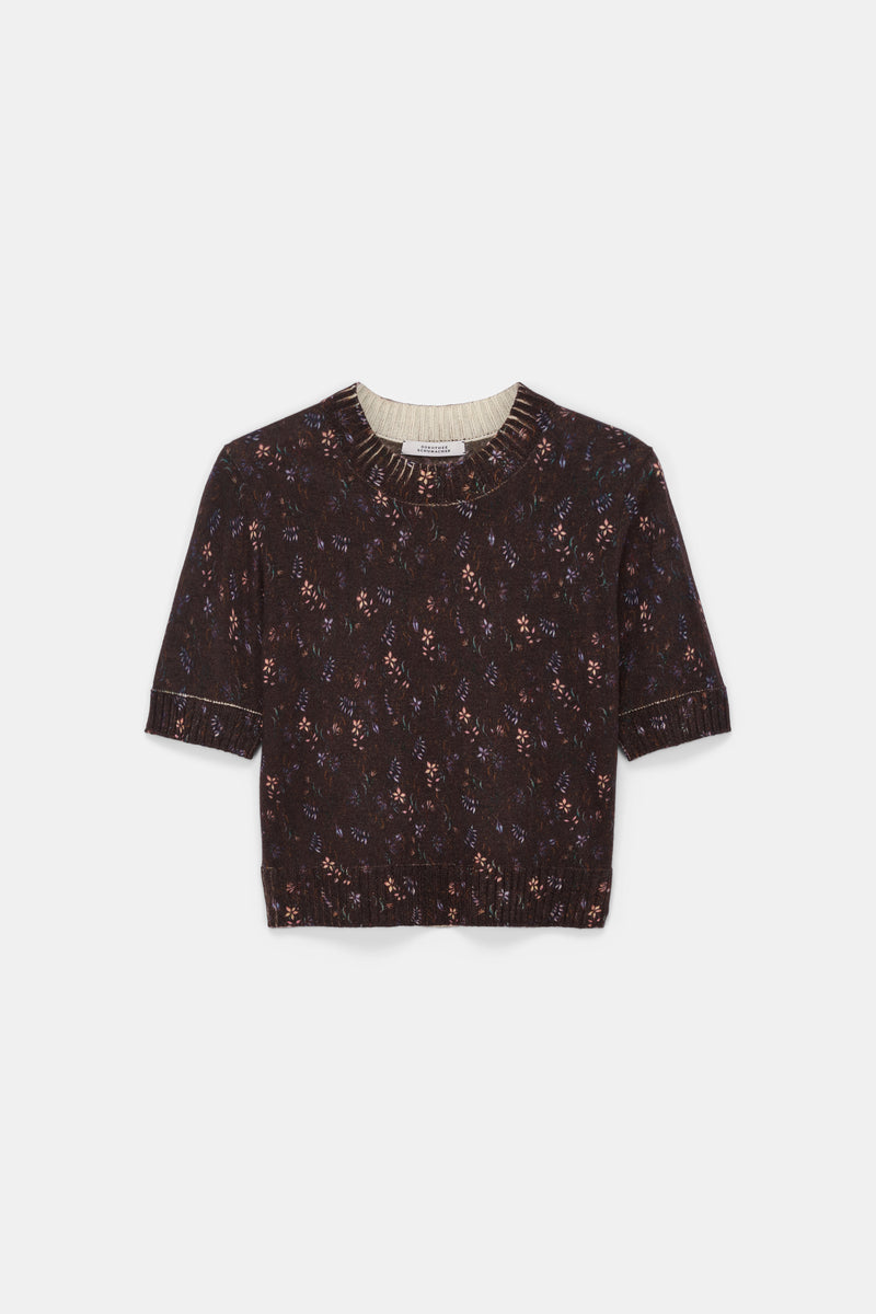 Dorothee Schumacher Wool Cashmere Floral Short Sleeve Pullover in Brown Vancouver. Shop Online or in Store.