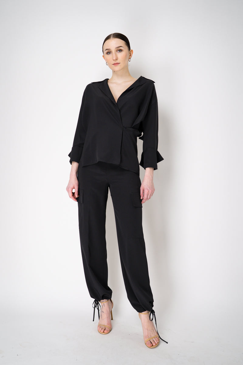 Erika Cavallini Silk Crepe Layered Wrap Blouse in Black Vancouver. Shop Online or in Store.
