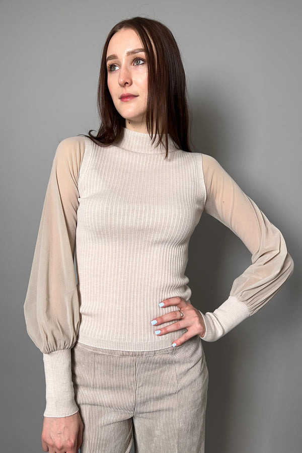 D. Exterior Ribbed Knit Turtleneck with Tulle Balloon Sleeves in Limestone - Ashia Mode - Vancouver