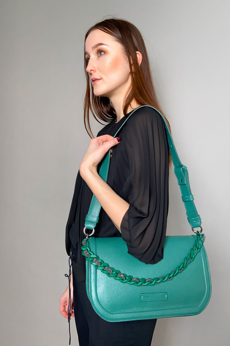 Fabiana Filippi Leather Shoulder Bag with Brilliant Chain in Pine