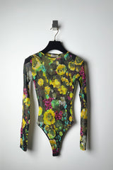 Fuzzi Floral Stretch Tulle Bodysuit in Yellow and Green Flowers - Ashia Mode - Vancouver, BC