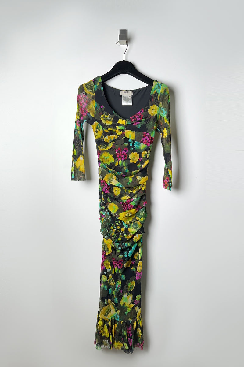 Fuzzi Ruched Floral Tulle Dress in Yellow and Green Vancouver. Shop Online or in Store.