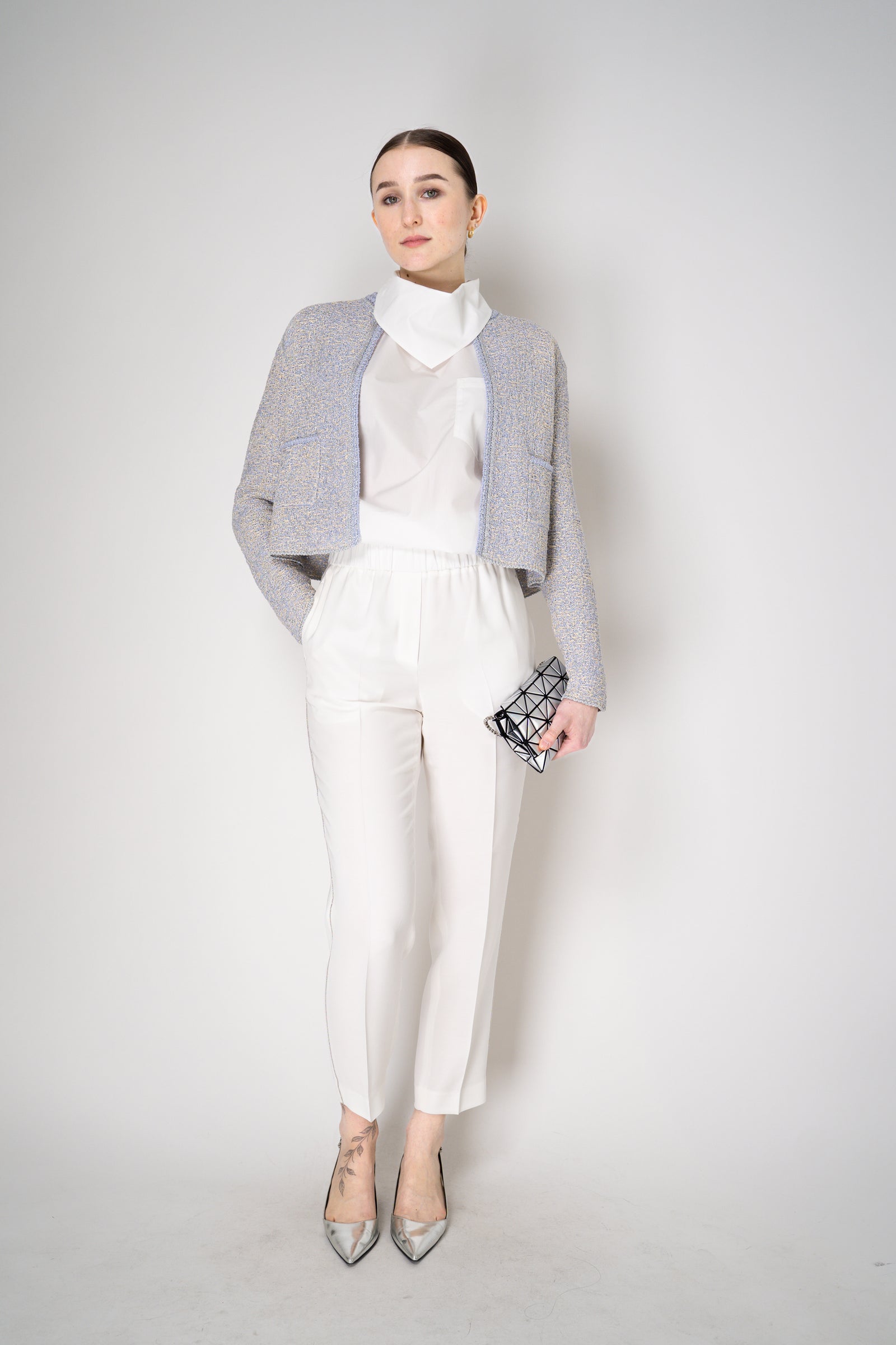 Fabiana Filippi Bouclé Cardigan in Lavender and Beige with Silver