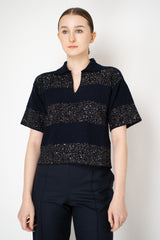 Fabiana Filippi Bouclé Knit Short Sleeve Top with Sequin Stripes in Navy Vancouver. Shop Online or in Store.