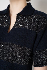 Fabiana Filippi Bouclé Knit Short Sleeve Top with Sequin Stripes in Navy Vancouver. Shop Online or in Store.