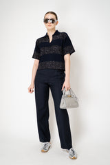 Fabiana Filippi Bouclé Knit Short Sleeve Top with Sequin Stripes in Navy Vancouver. Shop Online or in Store.
