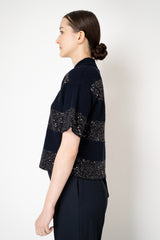 Fabiana Filippi Bouclé Knit Short Sleeve Top with Sequin Stripes in Navy Vancouver. Shop Online or in Store.