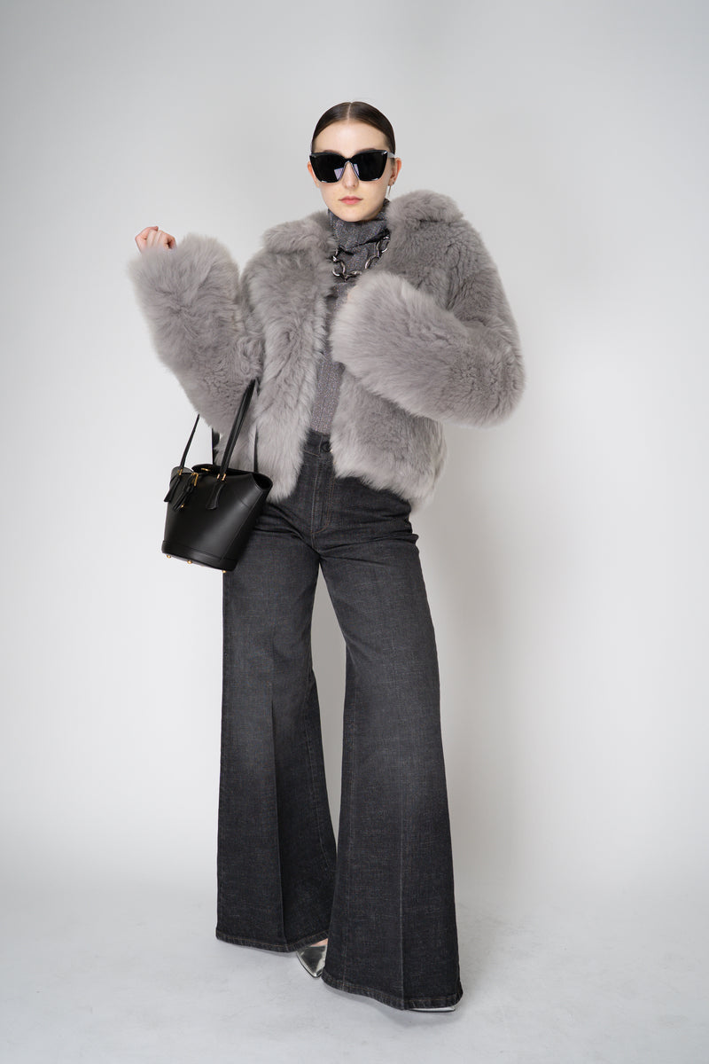 Fabiana Filippi Brushed Shearling Collared Coat in Light Grey Vancouver. Shop Online or in Store.