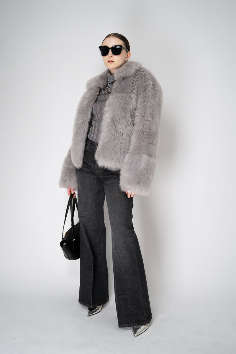 Fabiana Filippi Brushed Shearling Collared Coat in Light Grey Vancouver. Shop Online or in Store.