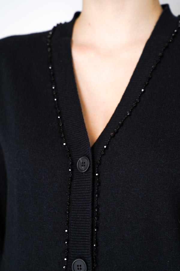 Fabiana Filippi Cashmere Blend Knitted Cardigan with Beaded Neckline in Black Vancouver. Shop Online or in Store.