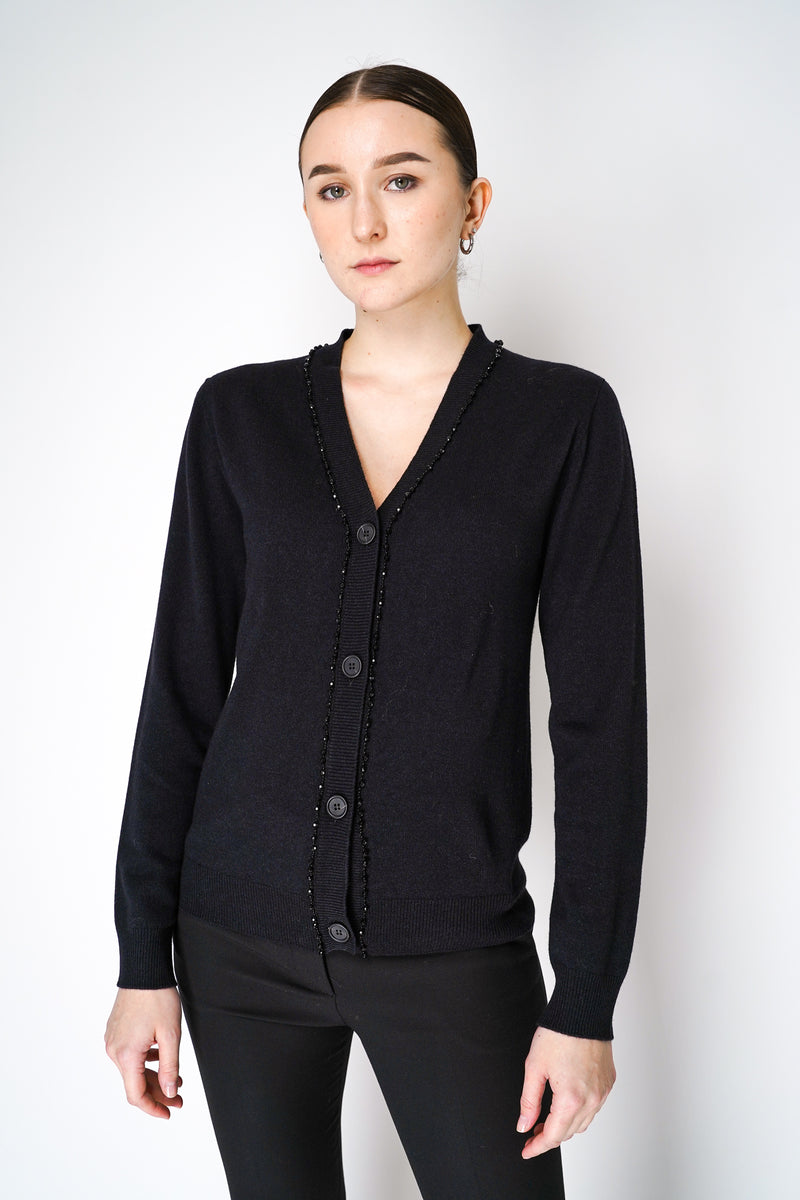 Fabiana Filippi Cashmere Blend Knitted Cardigan with Beaded Neckline in Black Vancouver. Shop Online or in Store.
