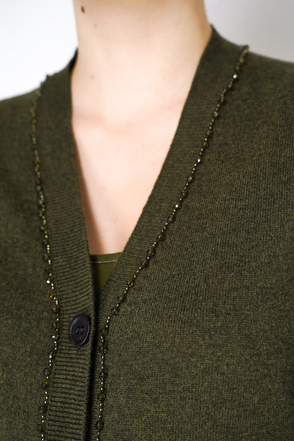 Fabiana Filippi Cashmere Blend Knitted Cardigan with Beaded Neckline in Loden Green Vancouver. Shop Online or in Store.