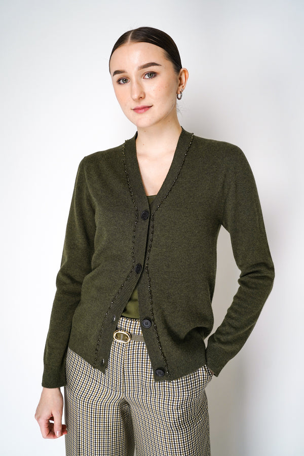 Fabiana Filippi Cashmere Blend Knitted Cardigan with Beaded Neckline in Loden Green Vancouver. Shop Online or in Store.