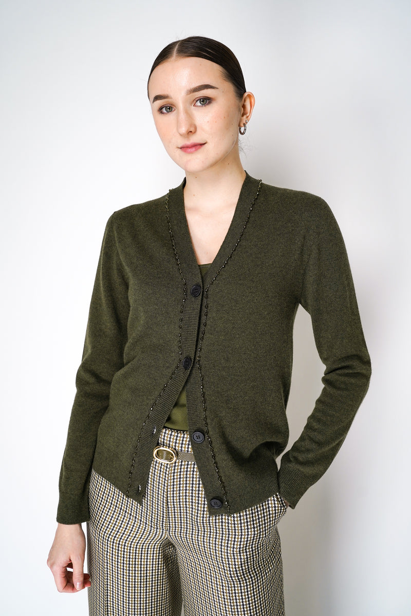 Fabiana Filippi Cashmere Blend Knitted Cardigan with Beaded Neckline in Loden Green Vancouver. Shop Online or in Store.