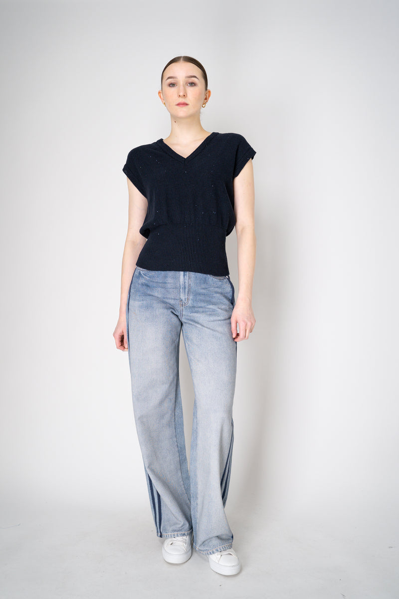 Fabiana Filippi Cotton-Linen Knit Vest with Tonal Sequin Details Throughout in Navy Vancouver. Shop Online or in Store.