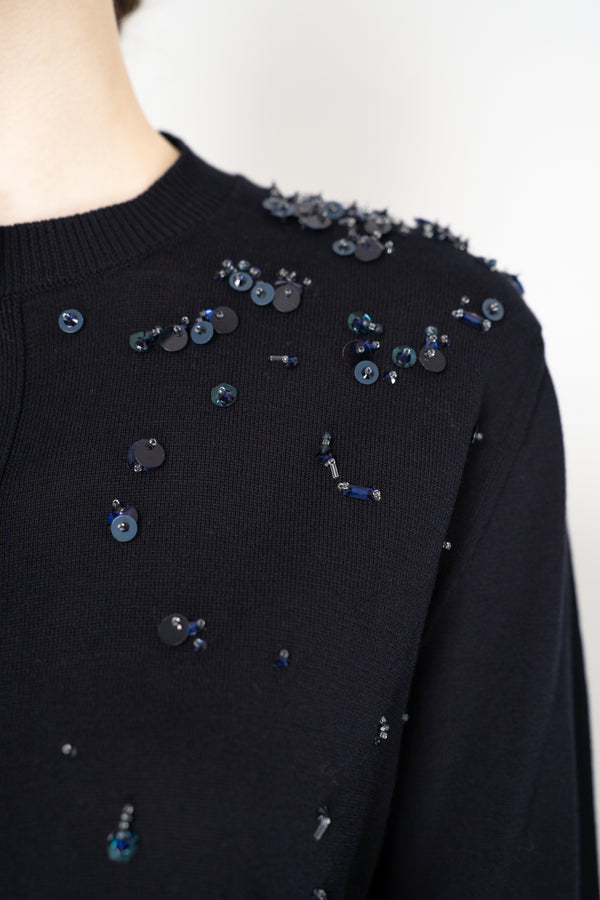 Fabiana Filippi Cotton Knit Cardigan with Embellished Shoulders in Navy Vancouver. Shop Online or in Store.