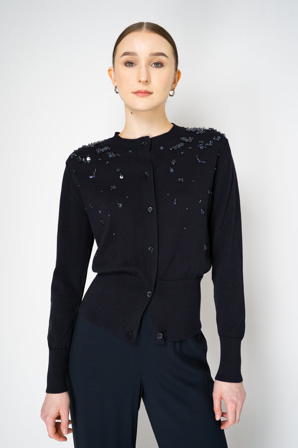 Fabiana Filippi Cotton Knit Cardigan with Embellished Shoulders in Navy Vancouver. Shop Online or in Store.