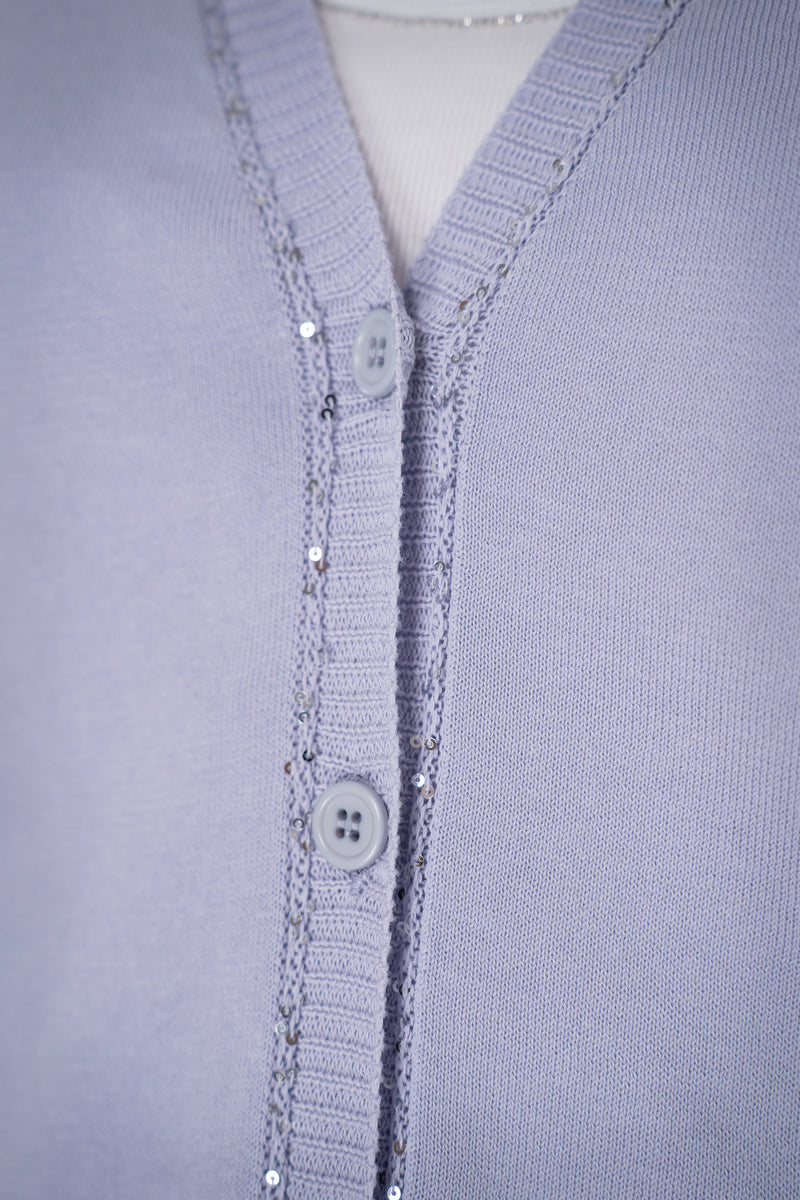 Fabiana Filippi Cotton Knit Cardigan with Sequin Neckline in Lavender Vancouver. Shop Online or in Store.