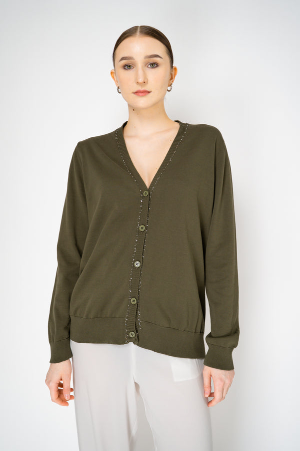 Fabiana Filippi Cotton Knit Cardigan with Sequin Neckline in Olive Green Vancouver. Shop Online or in Store.