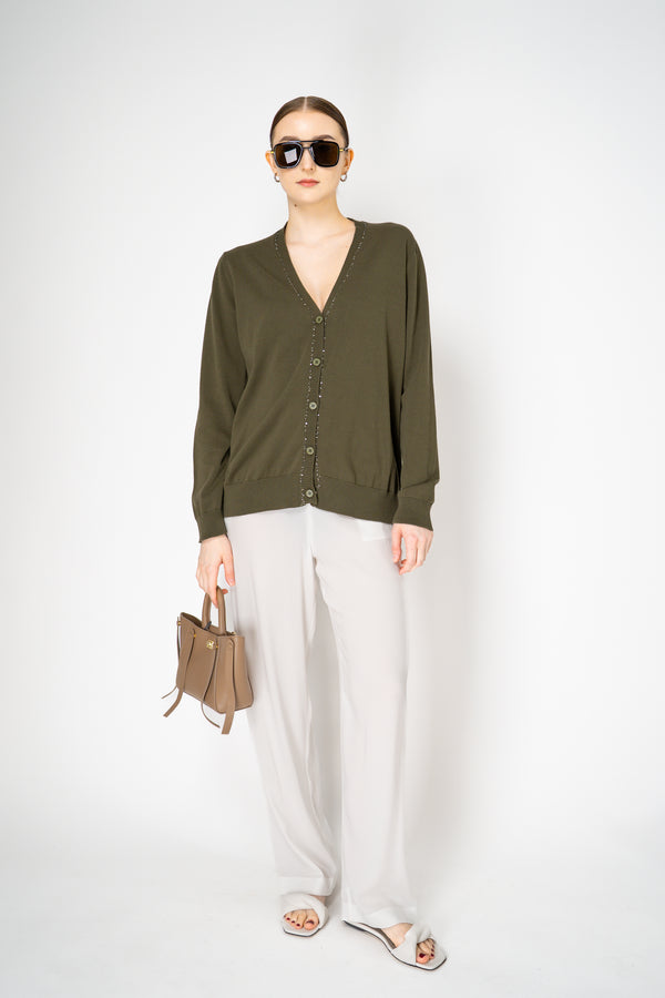Fabiana Filippi Cotton Knit Cardigan with Sequin Neckline in Olive Green Vancouver. Shop Online or in Store.