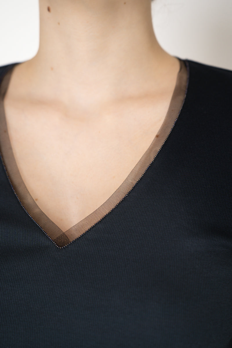 Fabiana Filippi Cotton Stretch V-neck Top in Navy Vancouver. Shop Online or in Store.