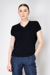 Fabiana Filippi Cotton V-Neck Knit T-Shirt in Navy Vancouver. Shop Online or in Store.