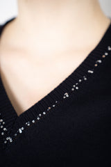 Fabiana Filippi Cotton V-Neck Knit T-Shirt in Navy Vancouver. Shop Online or in Store.