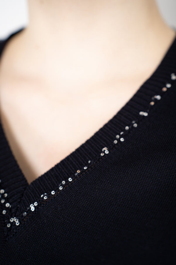 Fabiana Filippi Cotton V-Neck Knit T-Shirt in Navy Vancouver. Shop Online or in Store.