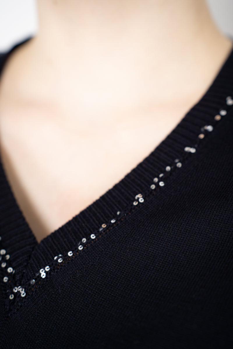 Fabiana Filippi Cotton V-Neck Knit T-Shirt in Navy Vancouver. Shop Online or in Store.