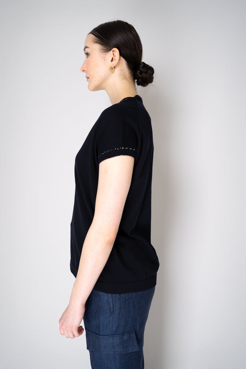 Fabiana Filippi Cotton V-Neck Knit T-Shirt in Navy Vancouver. Shop Online or in Store.