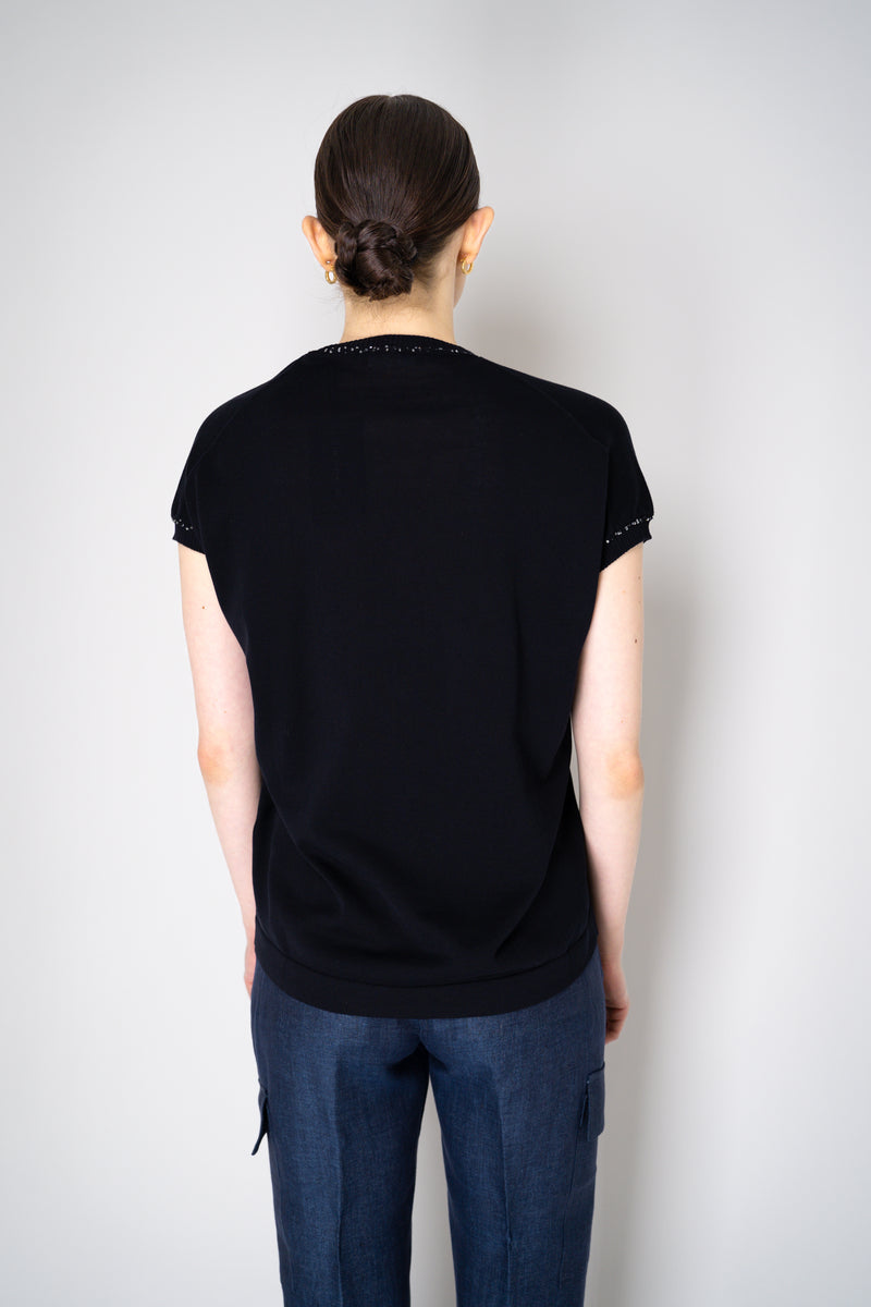 Fabiana Filippi Cotton V-Neck Knit T-Shirt in Navy Vancouver. Shop Online or in Store.