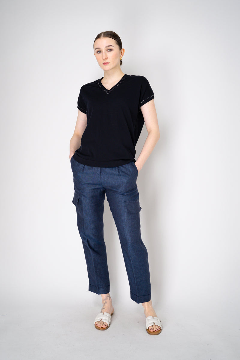 Fabiana Filippi Cotton V-Neck Knit T-Shirt in Navy Vancouver. Shop Online or in Store.