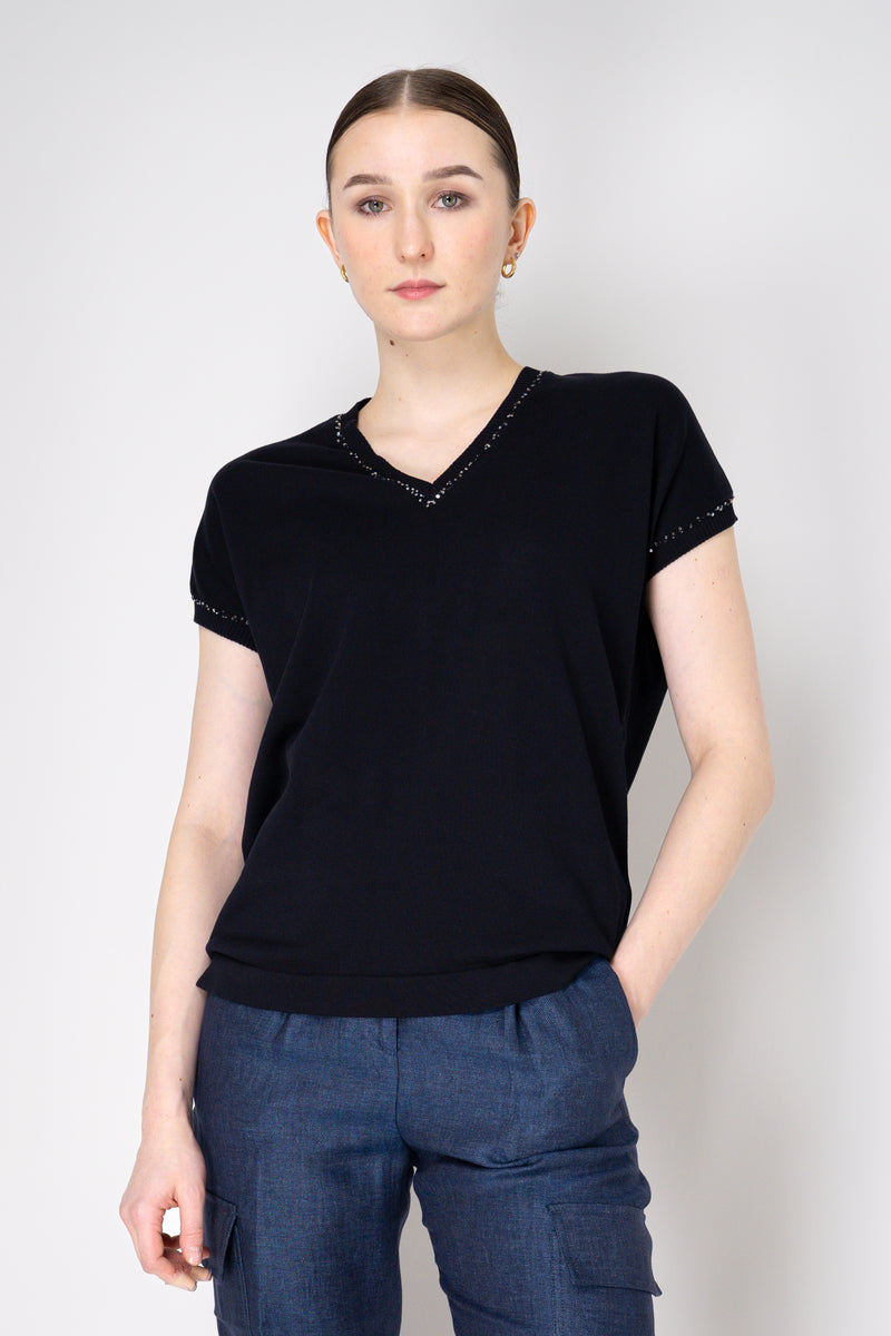Fabiana Filippi Cotton V-Neck Knit T-Shirt in Navy Vancouver. Shop Online or in Store.