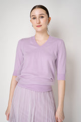 Fabiana Filippi Cotton Wool Knitted V-neck Sweater with Tulle Exterior in Rosa Lilla Vancouver. Shop Online or in Store.