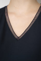 Fabiana Filippi Crepe de Chine V-neck Tank with Tulle Trim in Navy Vancouver. Shop Online or in Store.